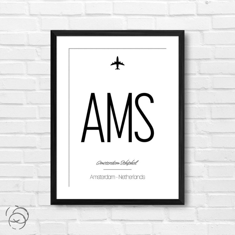 Airport Code AMS Amsterdam Schiphol Netherlands Travel Print