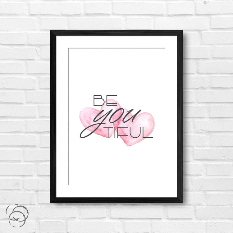 Be You Tiful Watercolour Pink Lovehearts Print