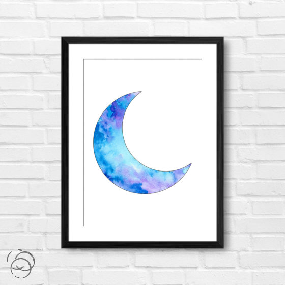 Blue Watercolour Crescent Moon Print