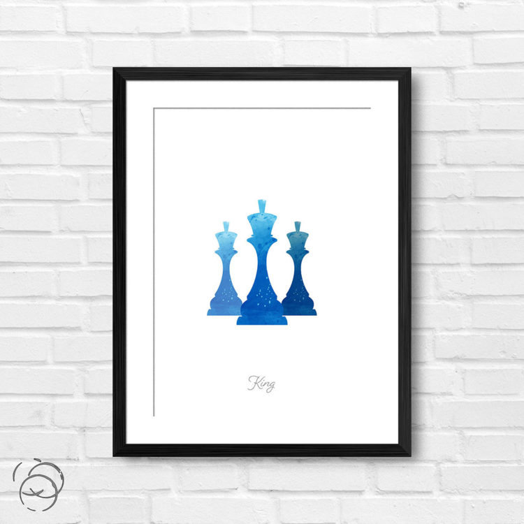 Chess Piece King Blue Watercolour Print