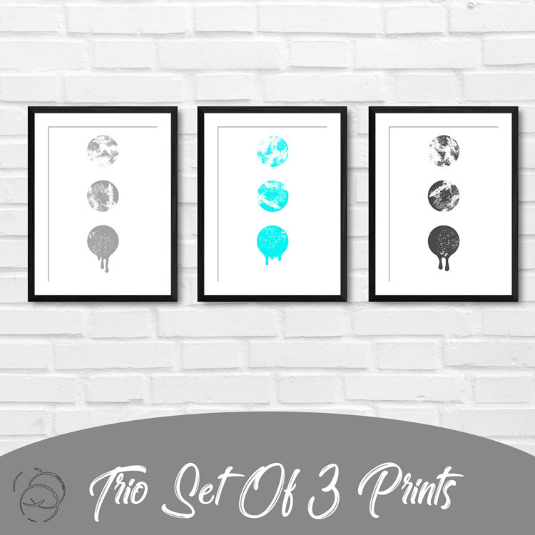 Ink Filled Circles Dripping Cyan Trio Prints