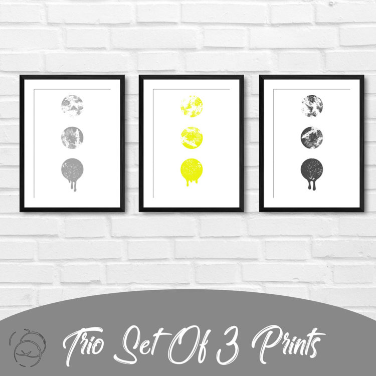 Ink Filled Circles Dripping Yellow Trio Prints