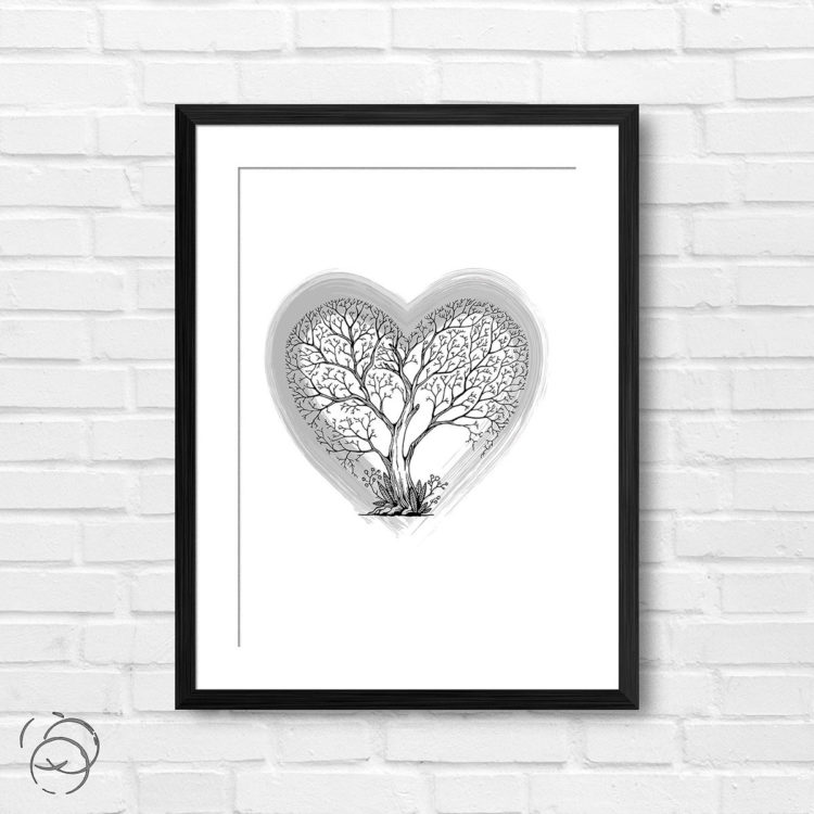 Love Heart Tree With Grey Brush Stroke Love Heart Print