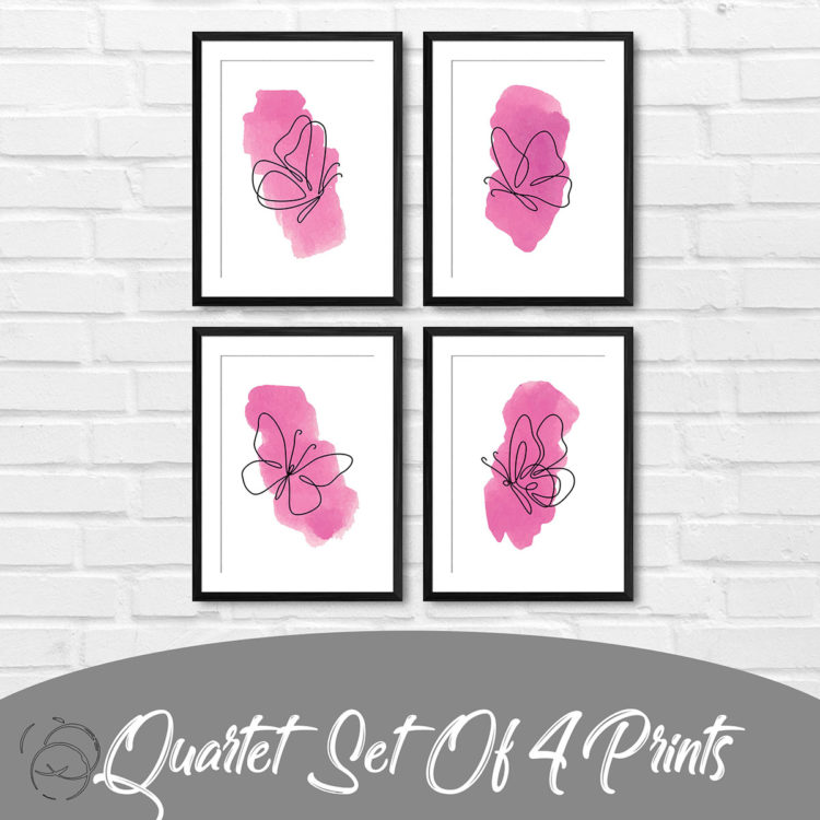 One Line Pink Watercolour Butterflies Quartet Prints