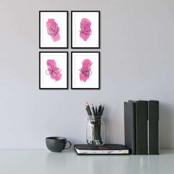 One Line Pink Watercolour Butterflies Quartet Prints - Image 2