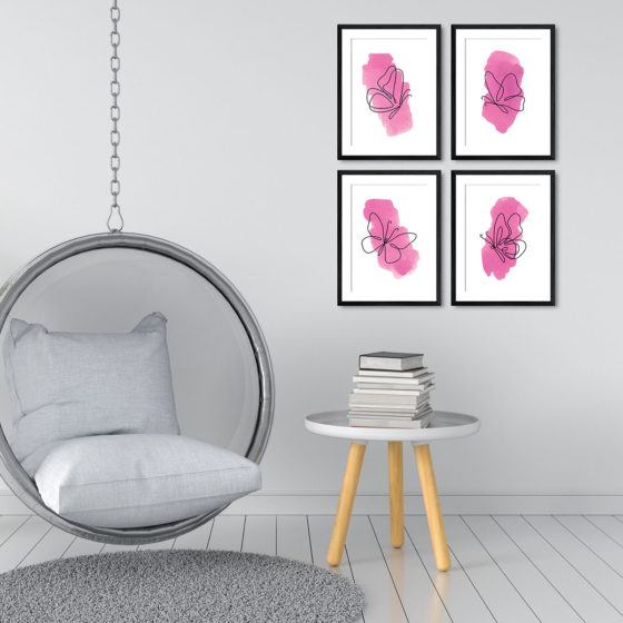 One Line Pink Watercolour Butterflies Quartet Prints - Image 3