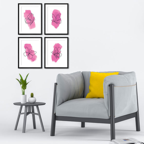 One Line Pink Watercolour Butterflies Quartet Prints - Image 4