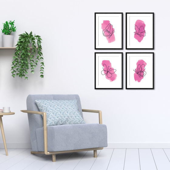 One Line Pink Watercolour Butterflies Quartet Prints - Image 5