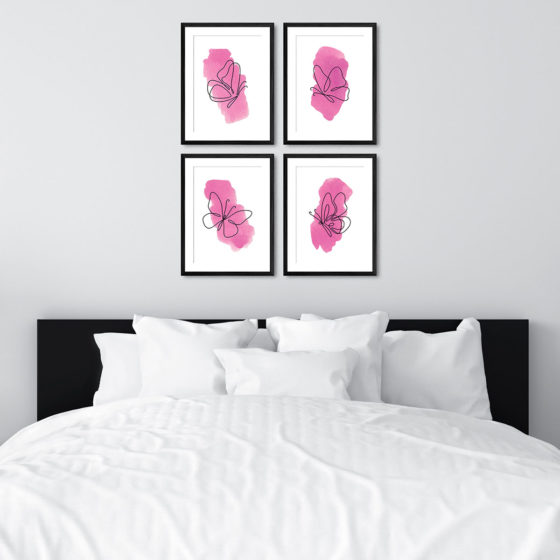 One Line Pink Watercolour Butterflies Quartet Prints - Image 6