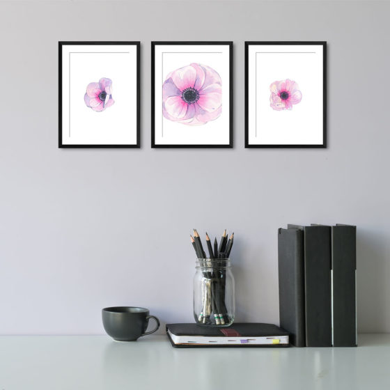 Pink Anemone In Watercolour Trio Prints - Image 2