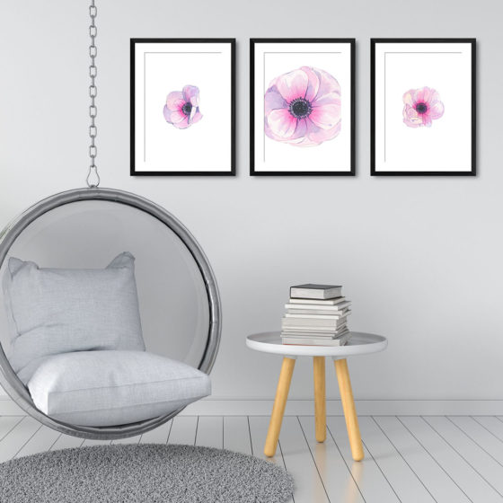 Pink Anemone In Watercolour Trio Prints - Image 3