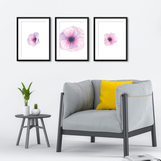 Pink Anemone In Watercolour Trio Prints - Image 4