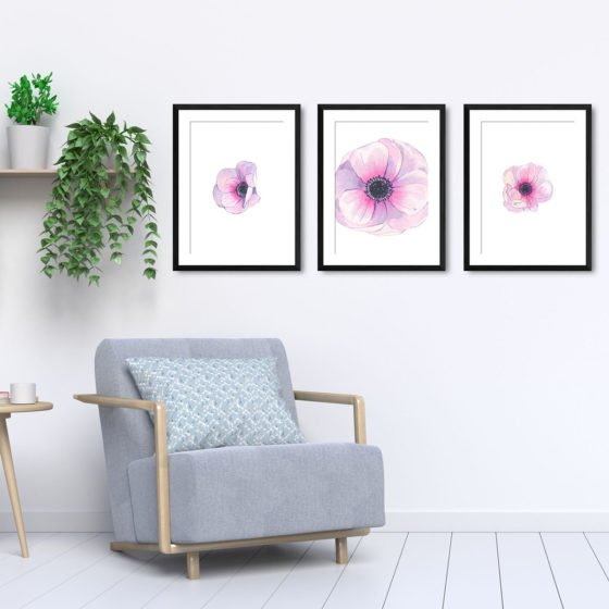 Pink Anemone In Watercolour Trio Prints - Image 5