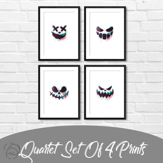 Scary Faces Of Halloween Pumpkin Glitched Quartet Prints