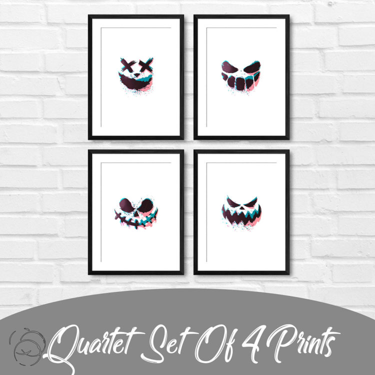 Scary Faces Of Halloween Pumpkin Glitched Quartet Prints