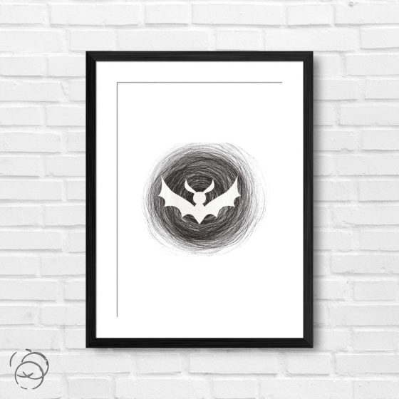 White Bat Silhouette Within Circle Scribble Sketch Print