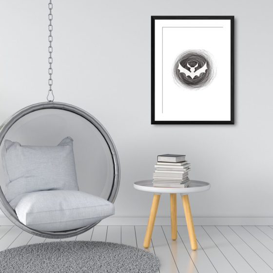 White Bat Silhouette Within Circle Scribble Sketch Print - Image 3