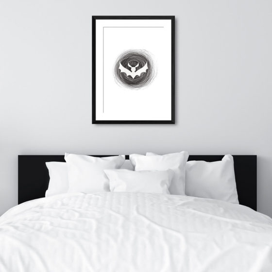 White Bat Silhouette Within Circle Scribble Sketch Print - Image 6